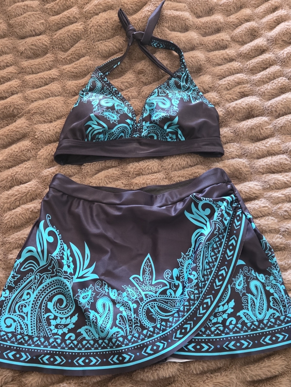 Turquoise Paisley Halter Swim Top & Skirted Bottoms - Women Swim